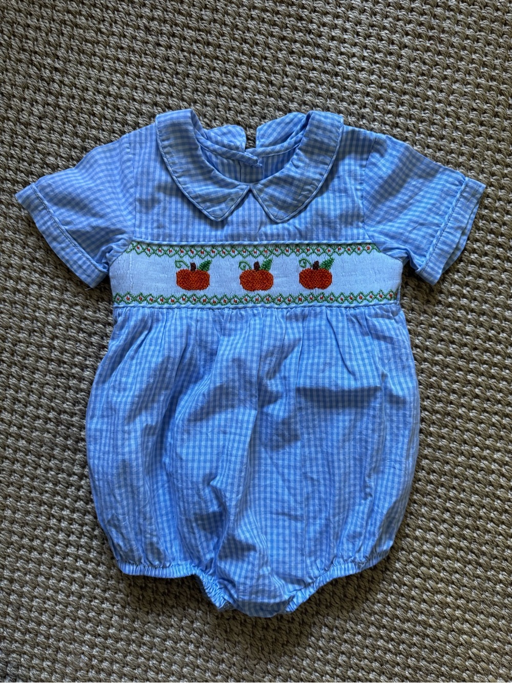 Blue Seersucker Baby Romper with Apple Smocking bubble boy